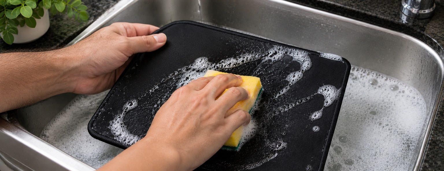 Pessoa lavando um mousepad de tecido preto na pia, esfregando suavemente com a parte amarela de uma esponja e espuma de detergente neutro.