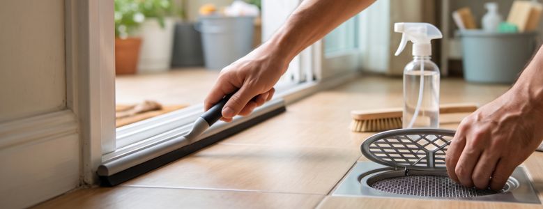 Mãos de uma pessoa realizando tarefas de prevenção contra lacraias e pragas em uma casa, sem mostrar o rosto. À esquerda, a pessoa aplica uma vedação na base de uma porta de correr.