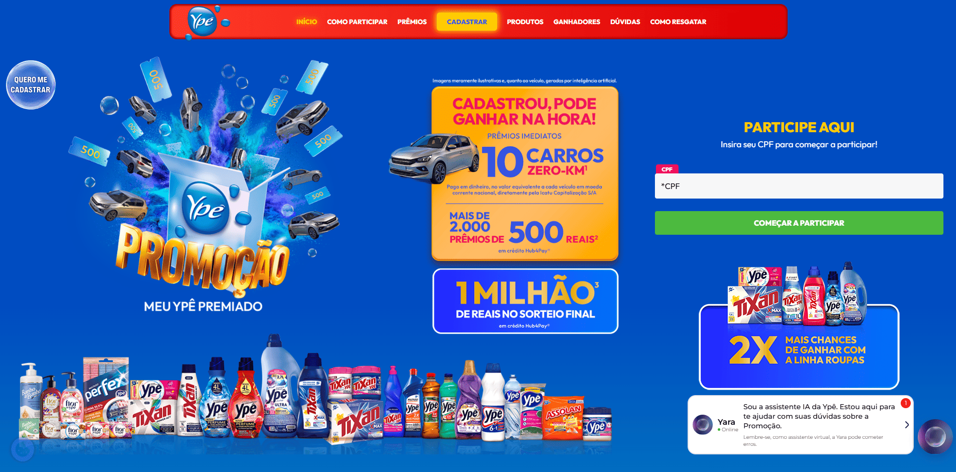 Página principal do site da Promoção Meu Ypê Premiado, com imagens dos produtos, área de cadastro e informações sobre as premiações.