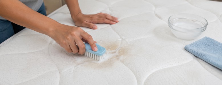Pessoa com uma escova de cerdas macias limpando cuidadosamente uma marcação em um colchão branco.