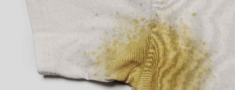 Mancha amarelada de suor na região da axila de uma camiseta branca.