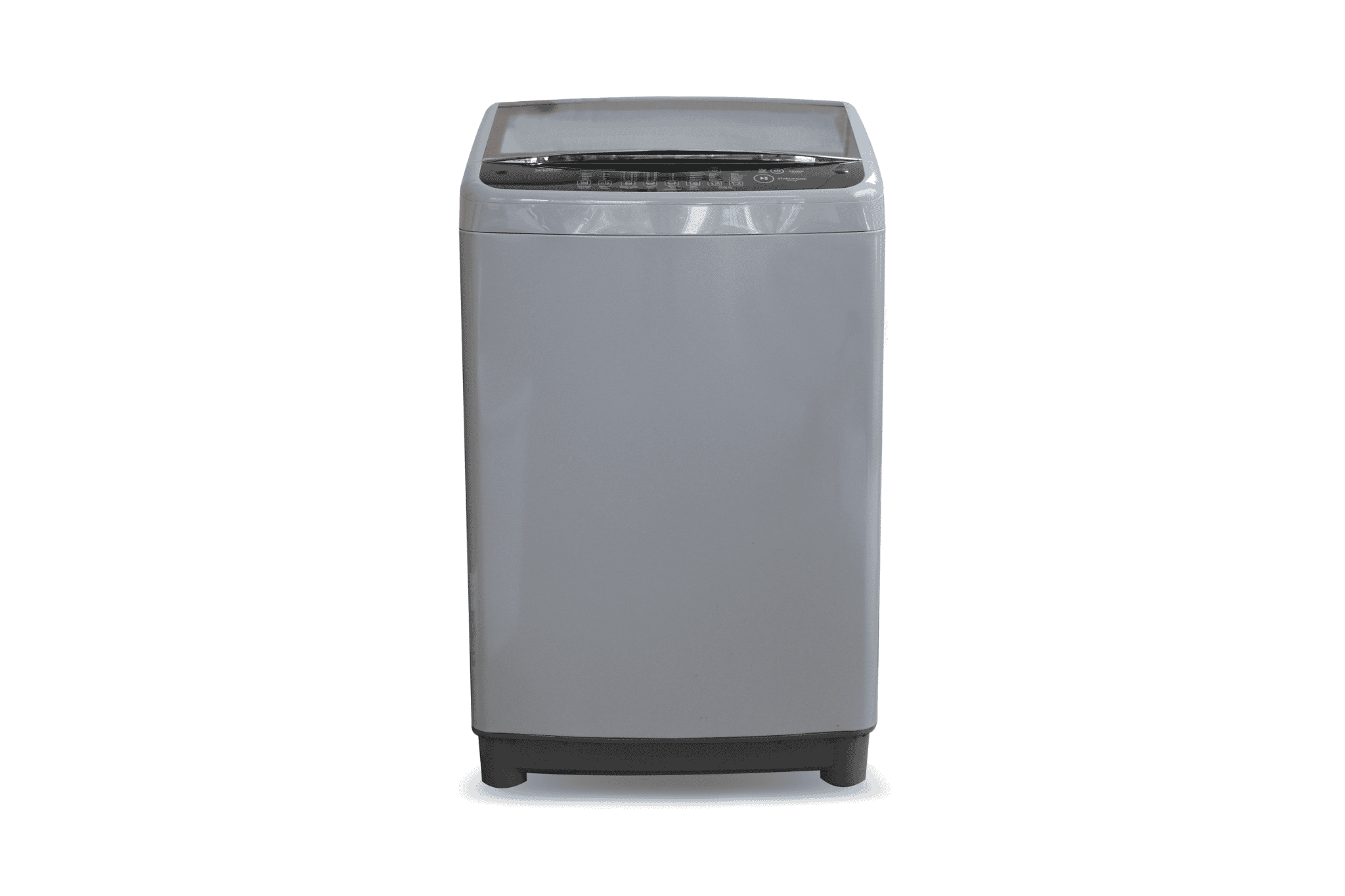 M&aacute;quina de lavar roupas cinza, tipo tanquinho, isolada em um fundo branco.