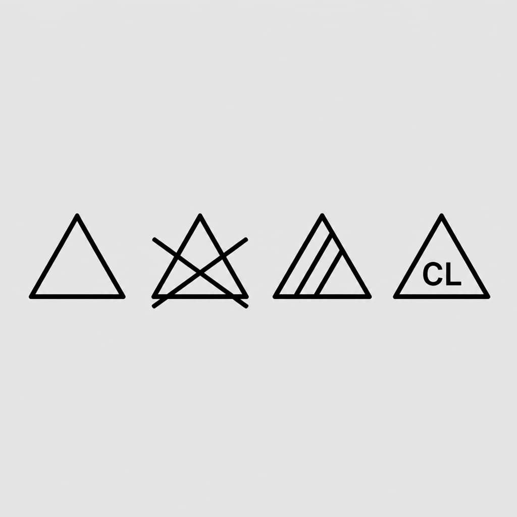 Quatro s&iacute;mbolos triangulares de instru&ccedil;&otilde;es de alvejamento de roupas em preto sobre fundo claro: tri&acirc;ngulo vazio (pode alvejar), tri&acirc;ngulo com X (n&atilde;o usar alvejante), tri&acirc;ngulo com dois tra&ccedil;os (usar apenas alvejante sem cloro) e tri&acirc;ngulo com as letras CL (usar alvejante com cloro).